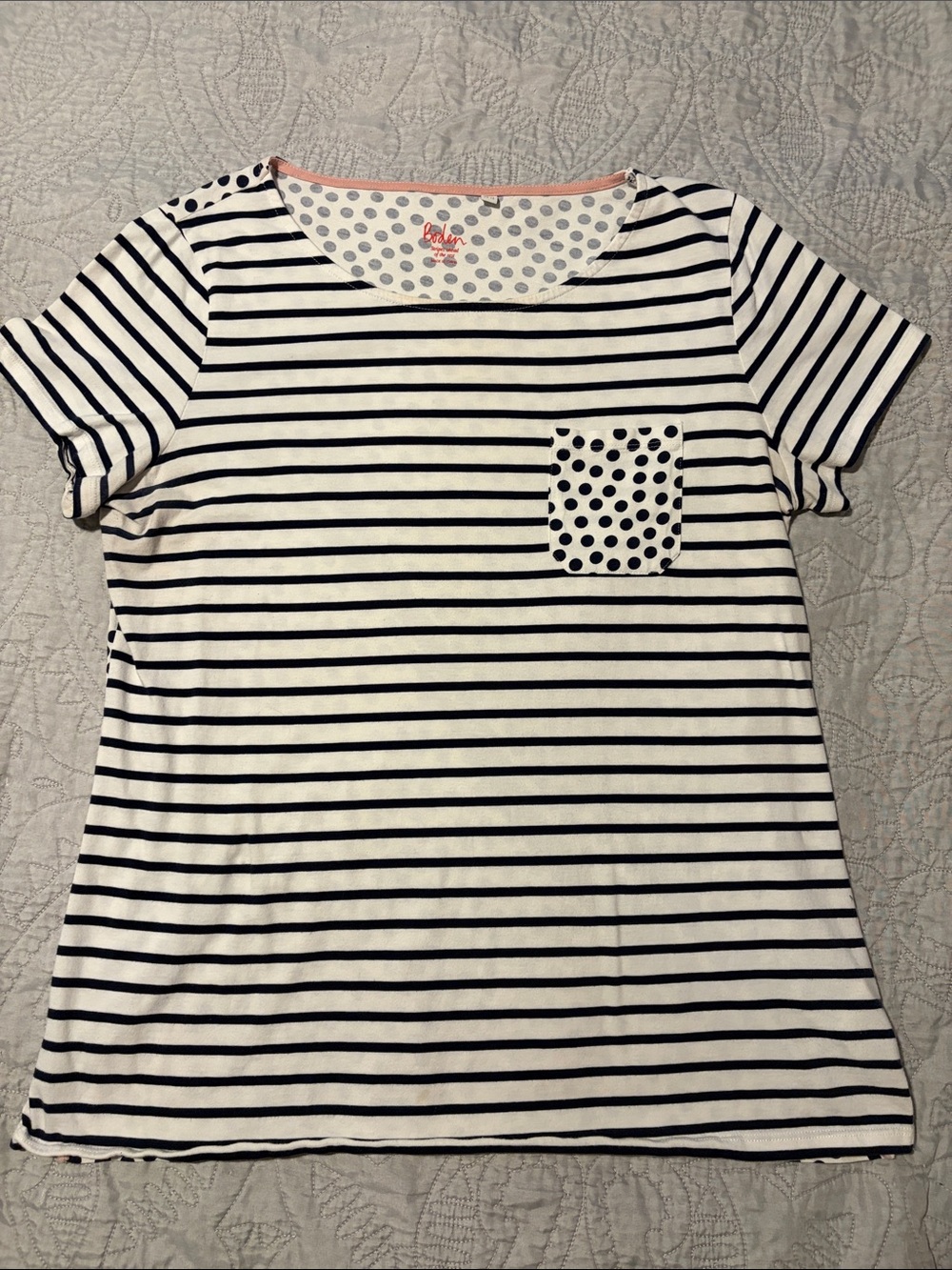 Boden Navy & White Striped Short Sleeve Pocket Tee